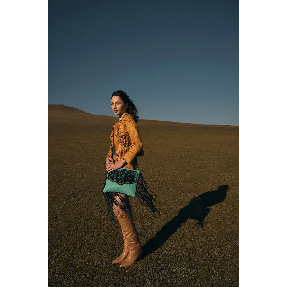 Millstone Fringed Hand-Tooled Bag in Teal