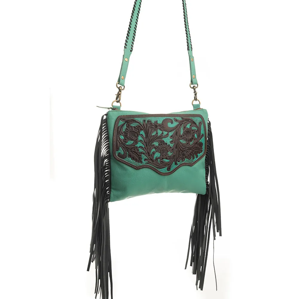 Millstone Fringed Hand-Tooled Bag in Teal