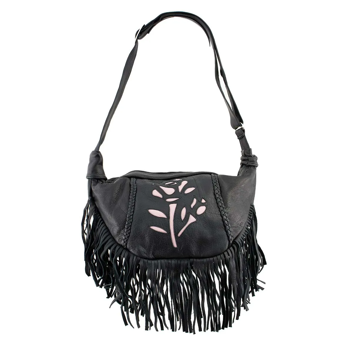 Milwaukee Leather SH397 Ladies 'Inlay Rose' Fringed Black and Pink Shoulder Bag