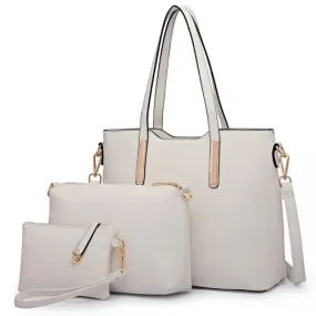 Miss Lulu Three Piece Tote Shoulder Bag and Clutch Set - Elegant White