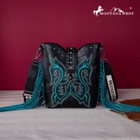 MW1247-9360  Montana West Embroidered Fringe Collection Boot Purse Crossbody