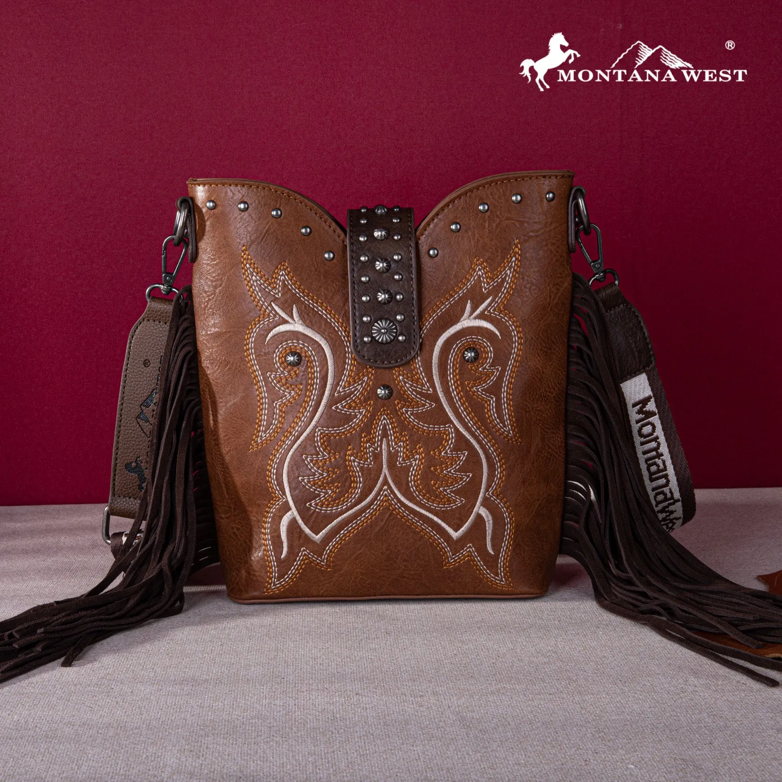 MW1247-9360  Montana West Embroidered Fringe Collection Boot Purse Crossbody