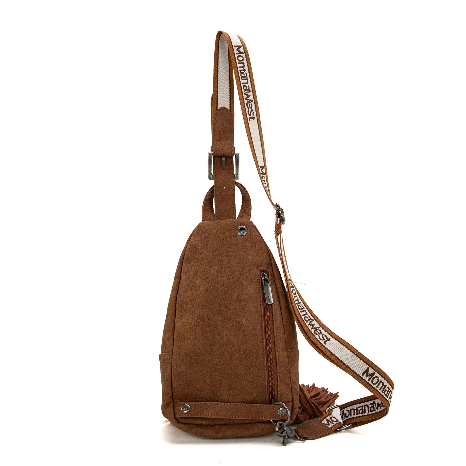 MW1276-S9110   Montana West Tooled Fringe Sling Bag -Brown