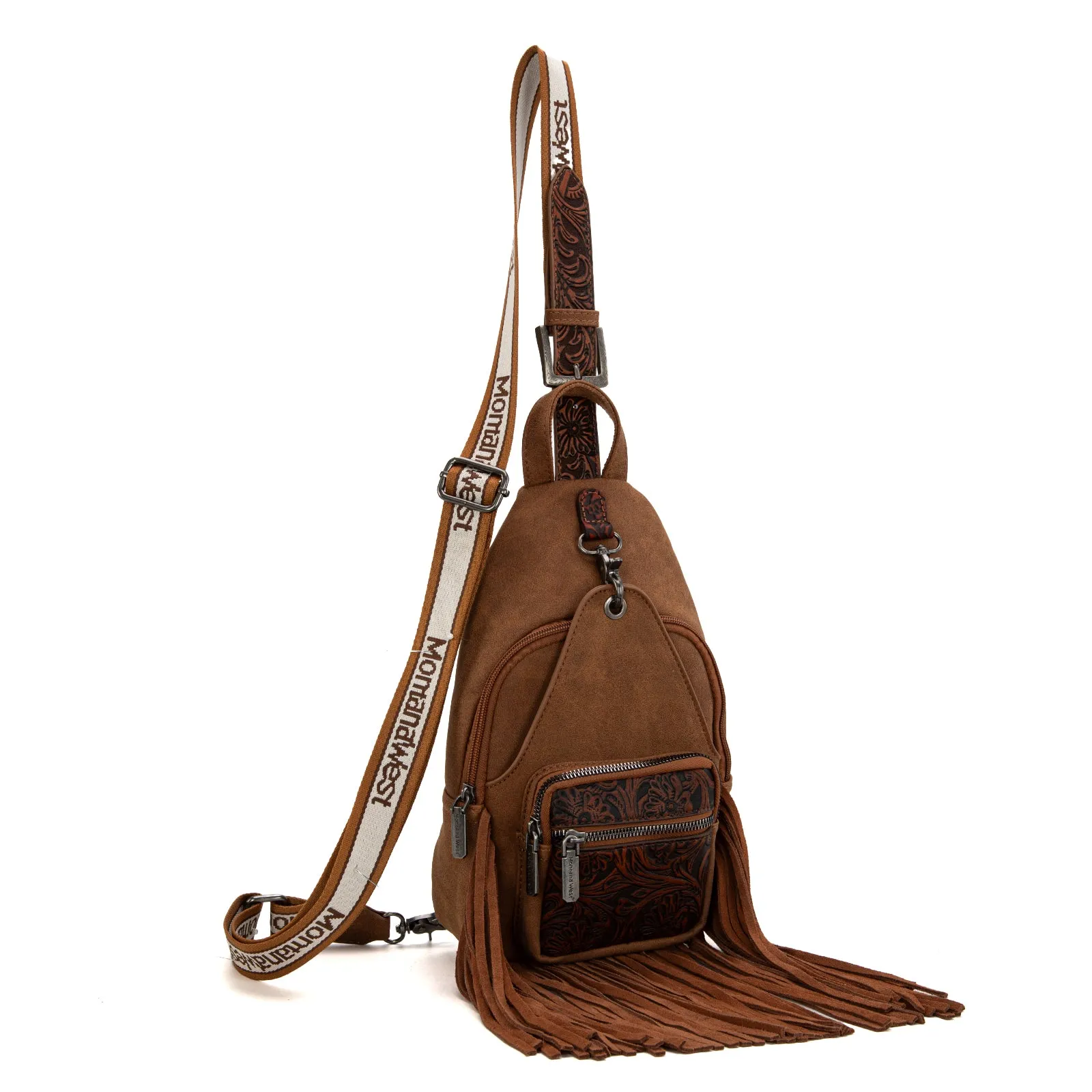 MW1276-S9110   Montana West Tooled Fringe Sling Bag -Brown