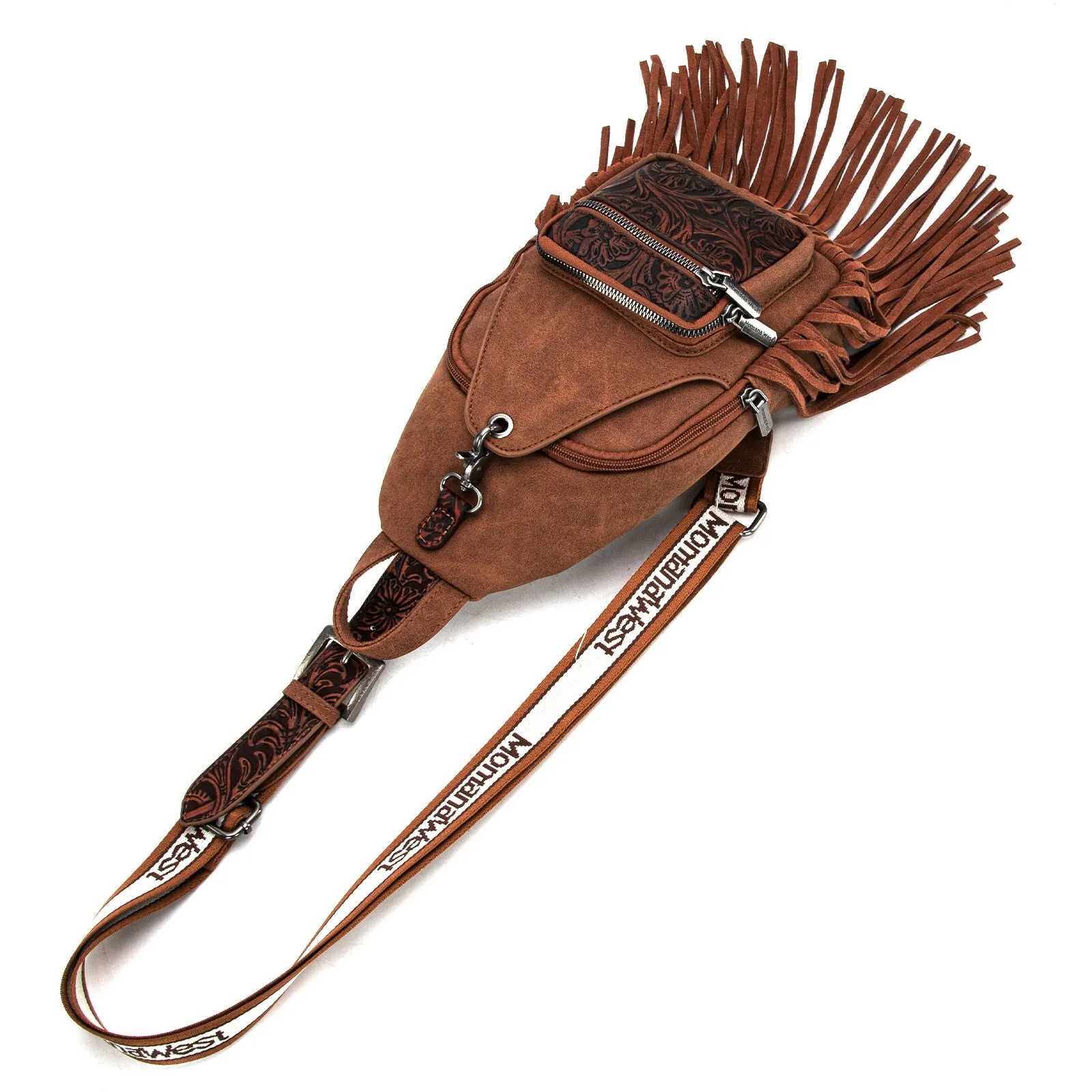 MW1276-S9110   Montana West Tooled Fringe Sling Bag -Brown