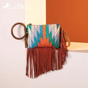 MW1290-181 Montana West Aztec Print Fringe Ring Handle Wristlet Clutch Bag