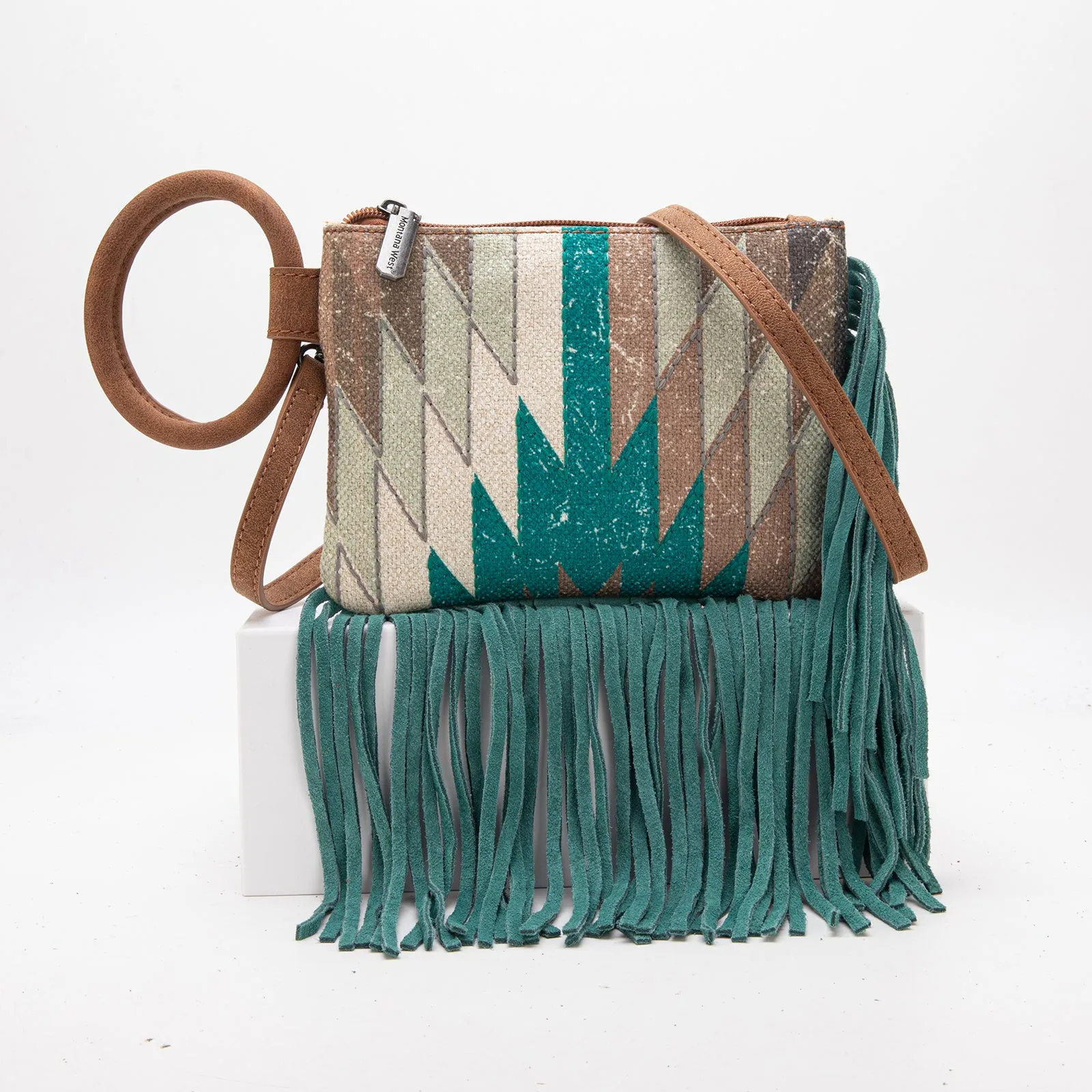 MW1290-181 Montana West Aztec Print Fringe Ring Handle Wristlet Clutch Bag