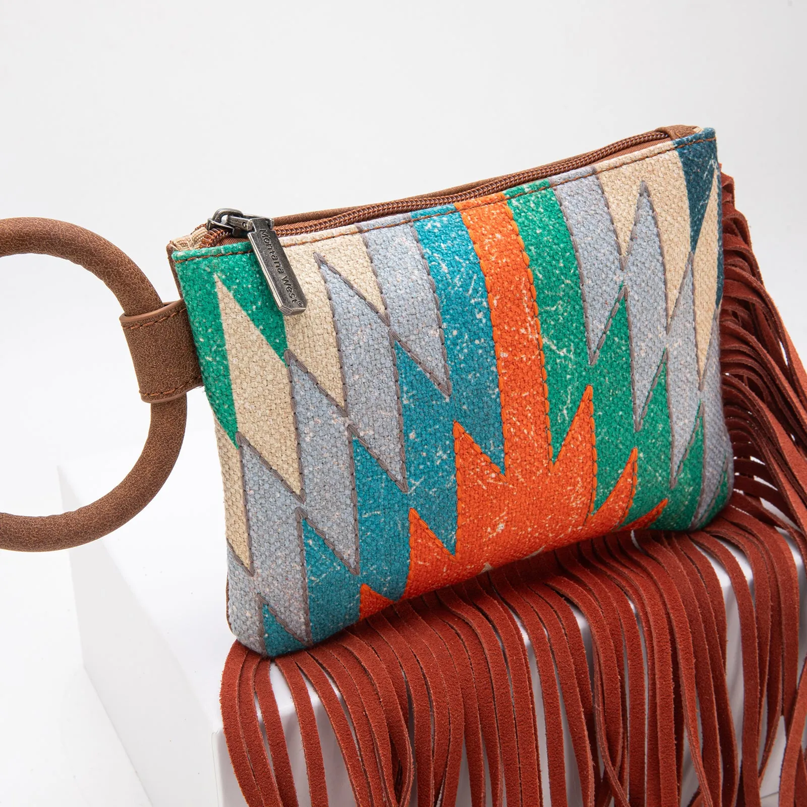 MW1290-181 Montana West Aztec Print Fringe Ring Handle Wristlet Clutch Bag