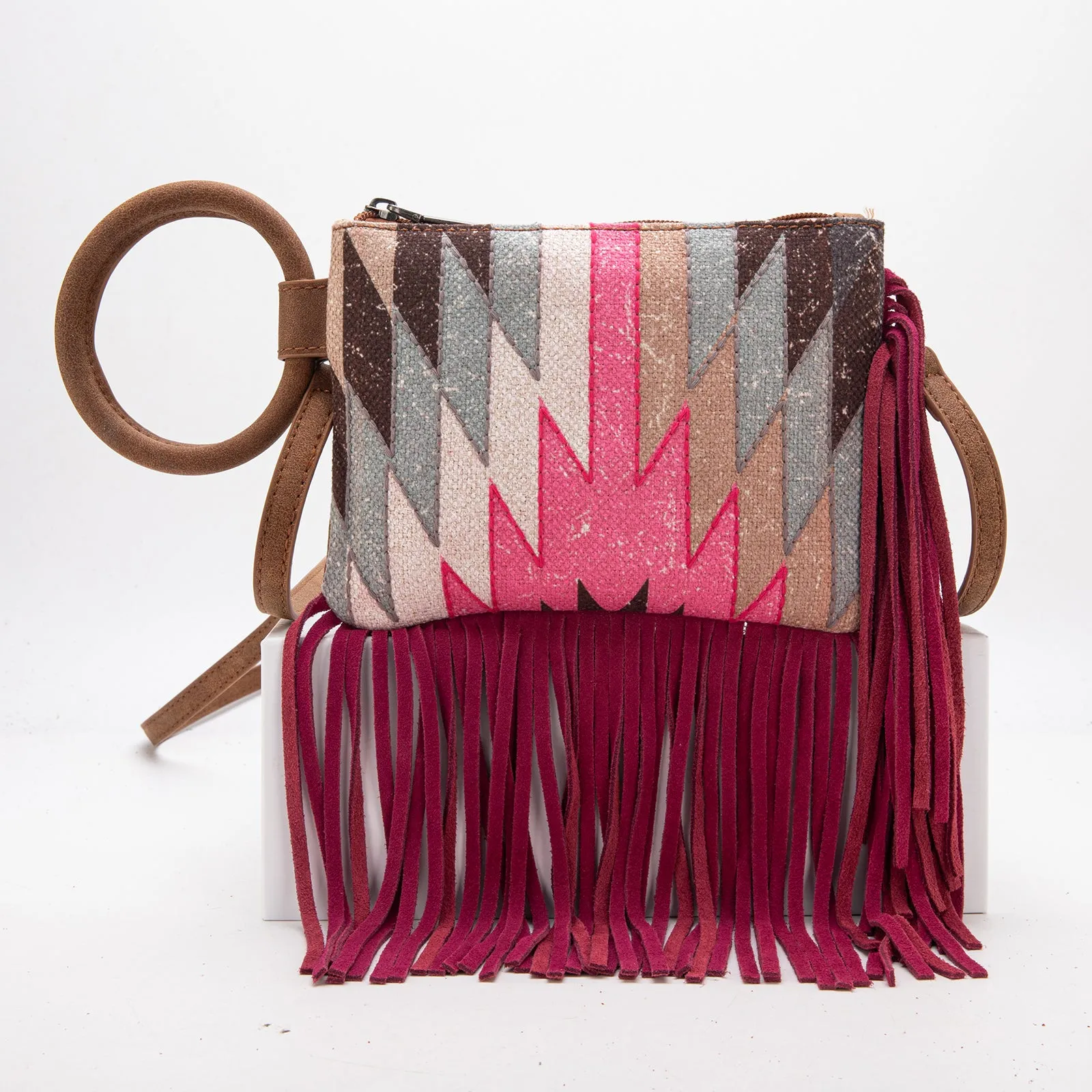 MW1290-181 Montana West Aztec Print Fringe Ring Handle Wristlet Clutch Bag