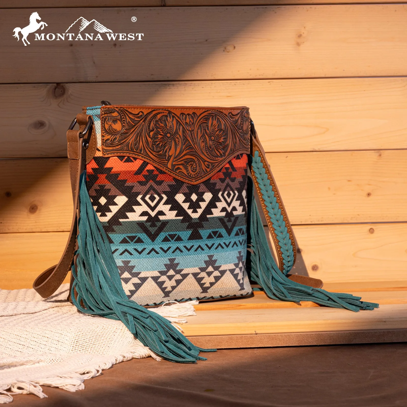 MW1295G-9360  Montana West Tooled Aztec Concealed Crossbody - Turquoise