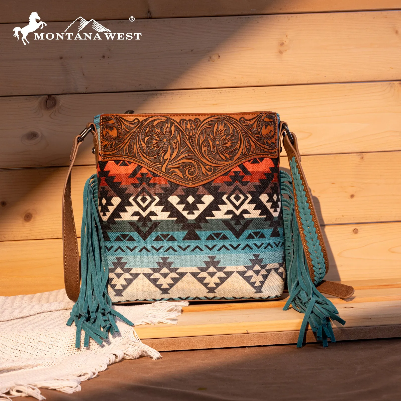 MW1295G-9360  Montana West Tooled Aztec Concealed Crossbody - Turquoise