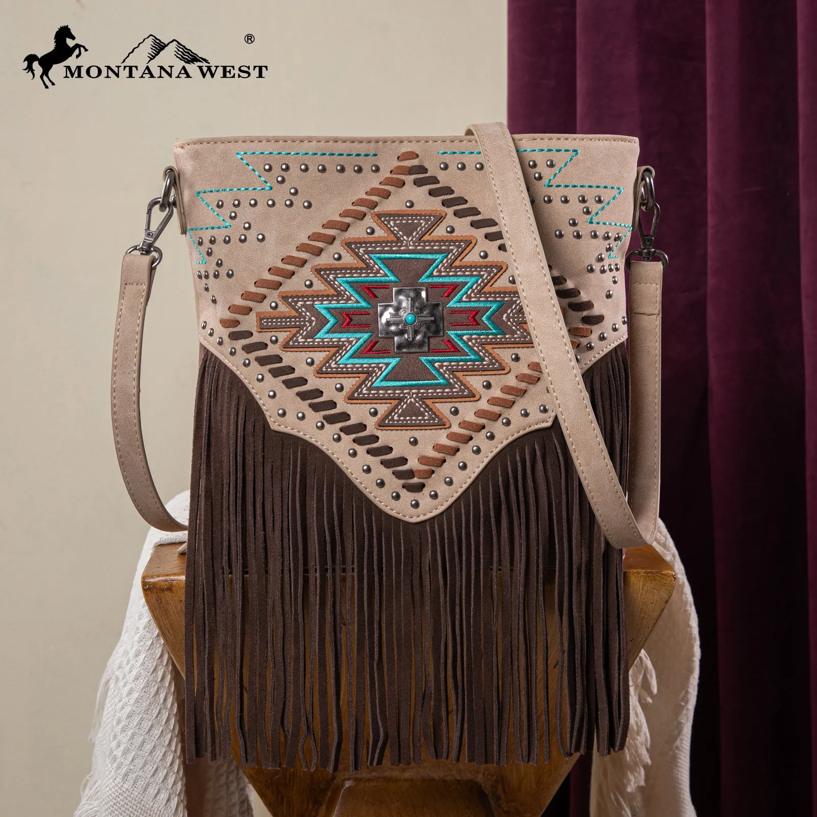 MW1315G-9360  Montana West Embroidered Aztec Collection Concealed Carry Crossbody - Tan