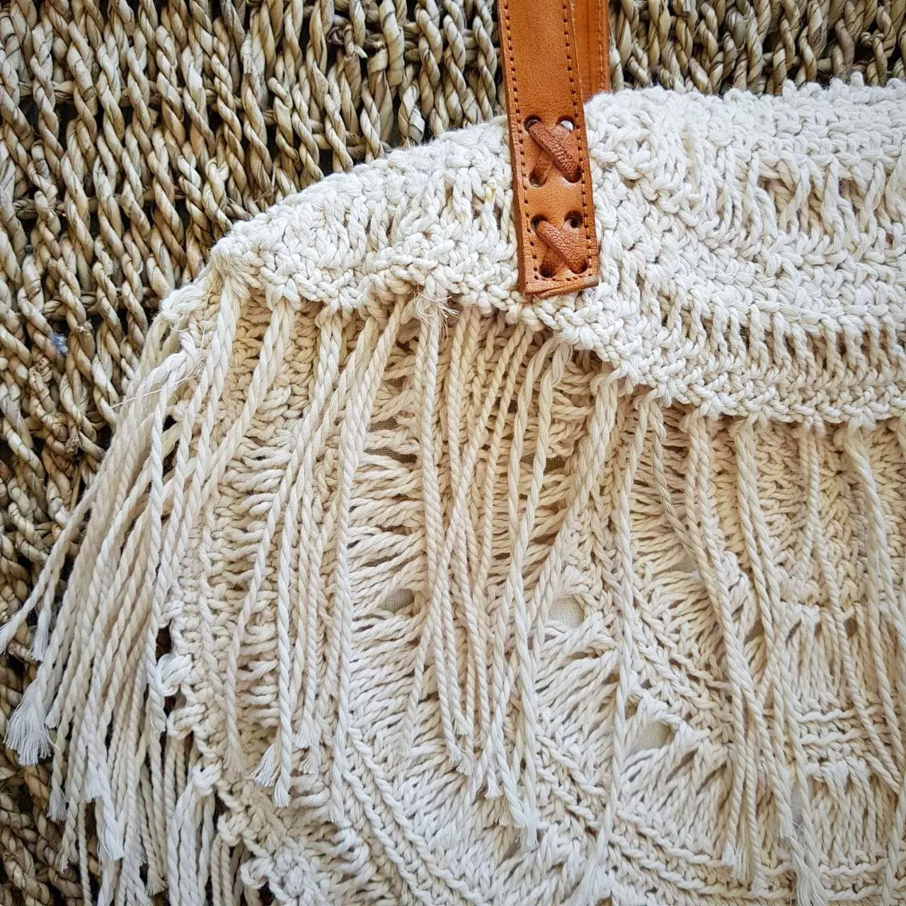 Natural Woven Cotton Macrame Hand Bag With Leather Straps