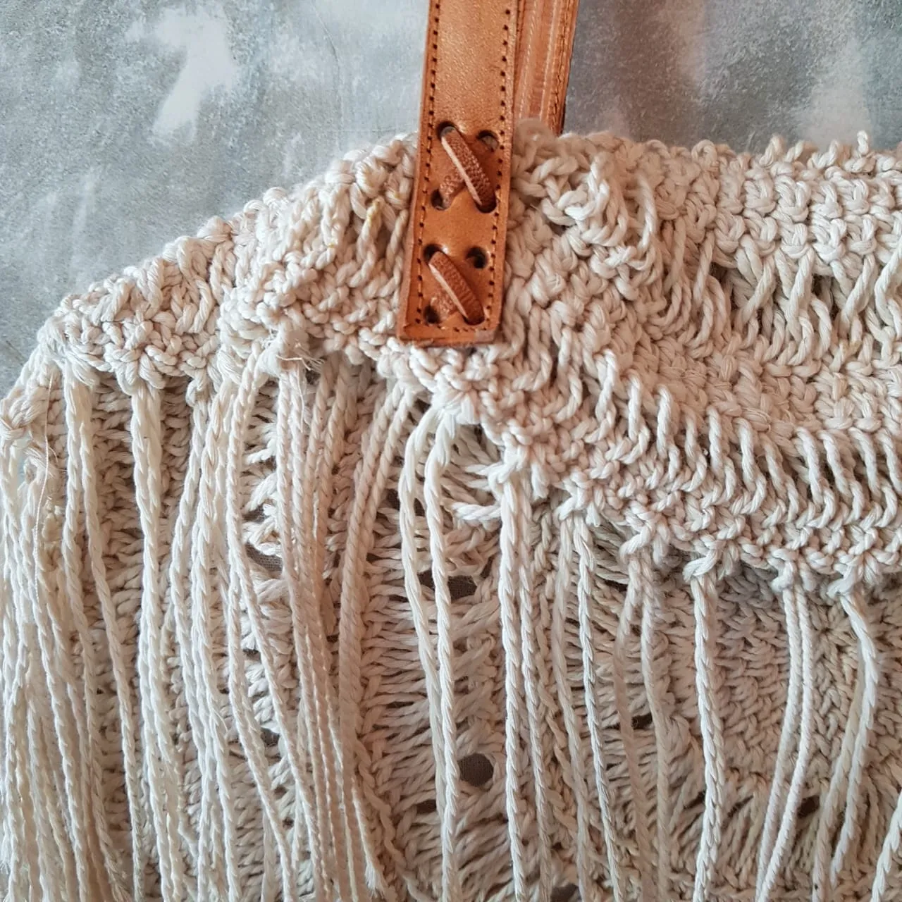 Natural Woven Cotton Macrame Hand Bag With Leather Straps