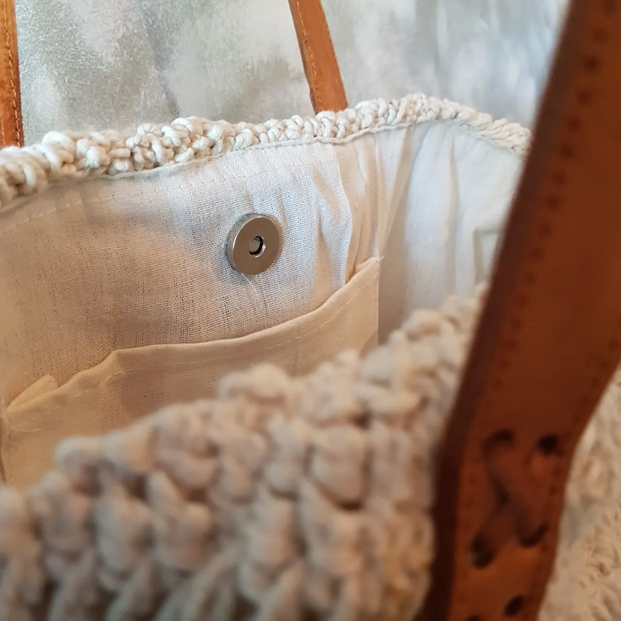 Natural Woven Cotton Macrame Hand Bag With Leather Straps