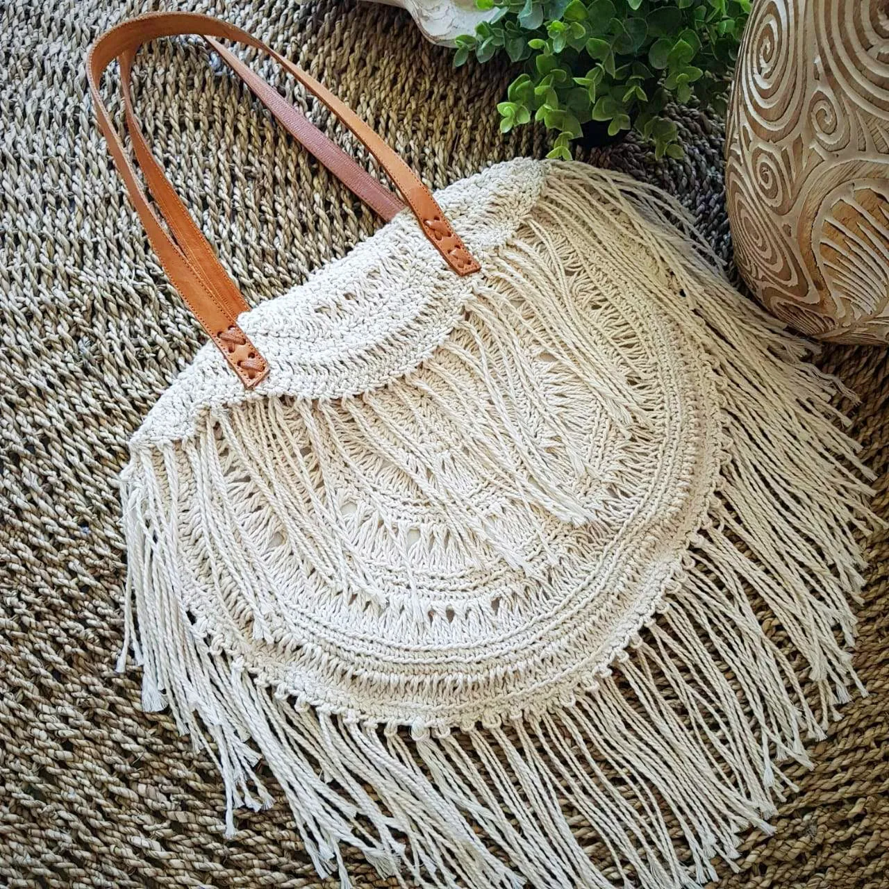 Natural Woven Cotton Macrame Hand Bag With Leather Straps