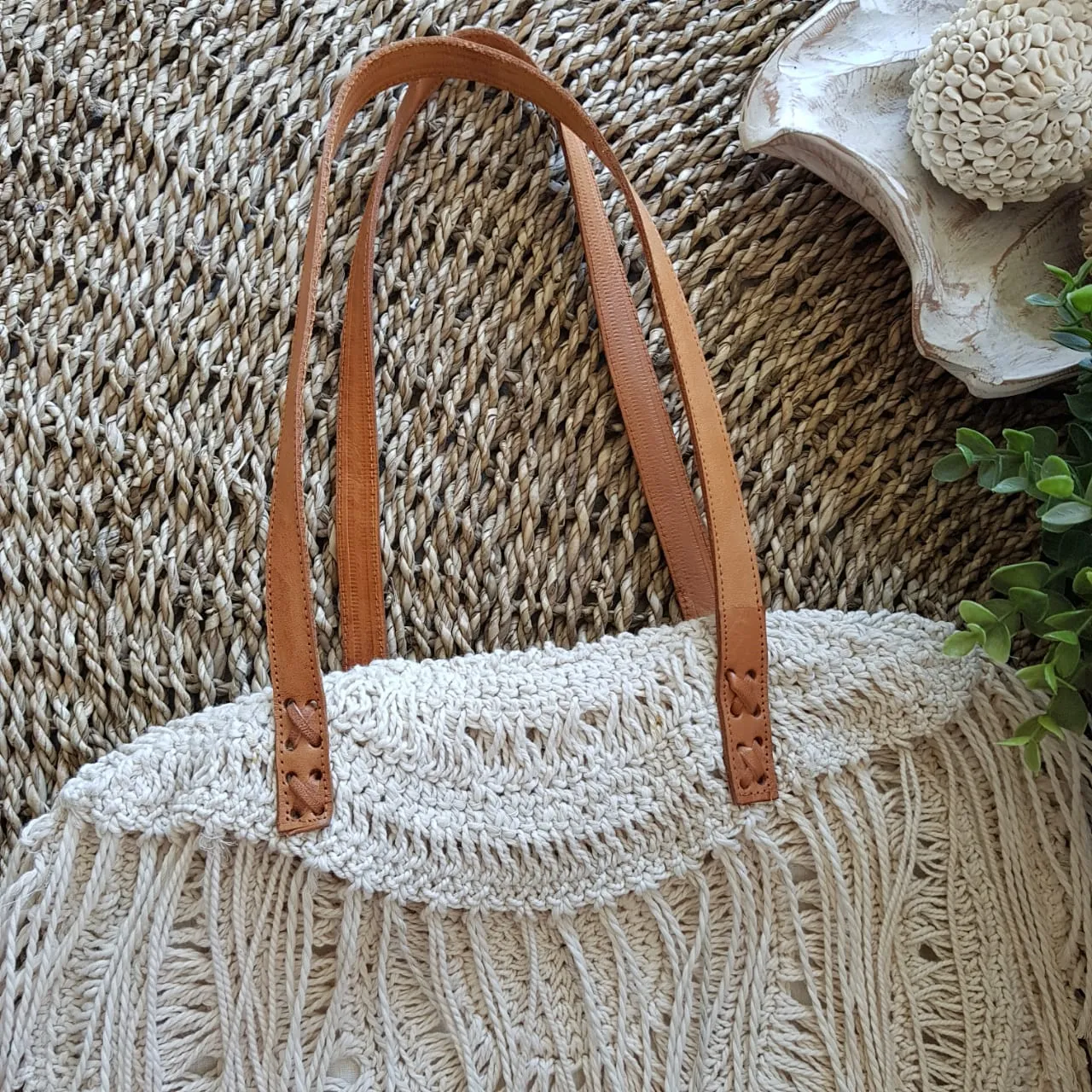 Natural Woven Cotton Macrame Hand Bag With Leather Straps