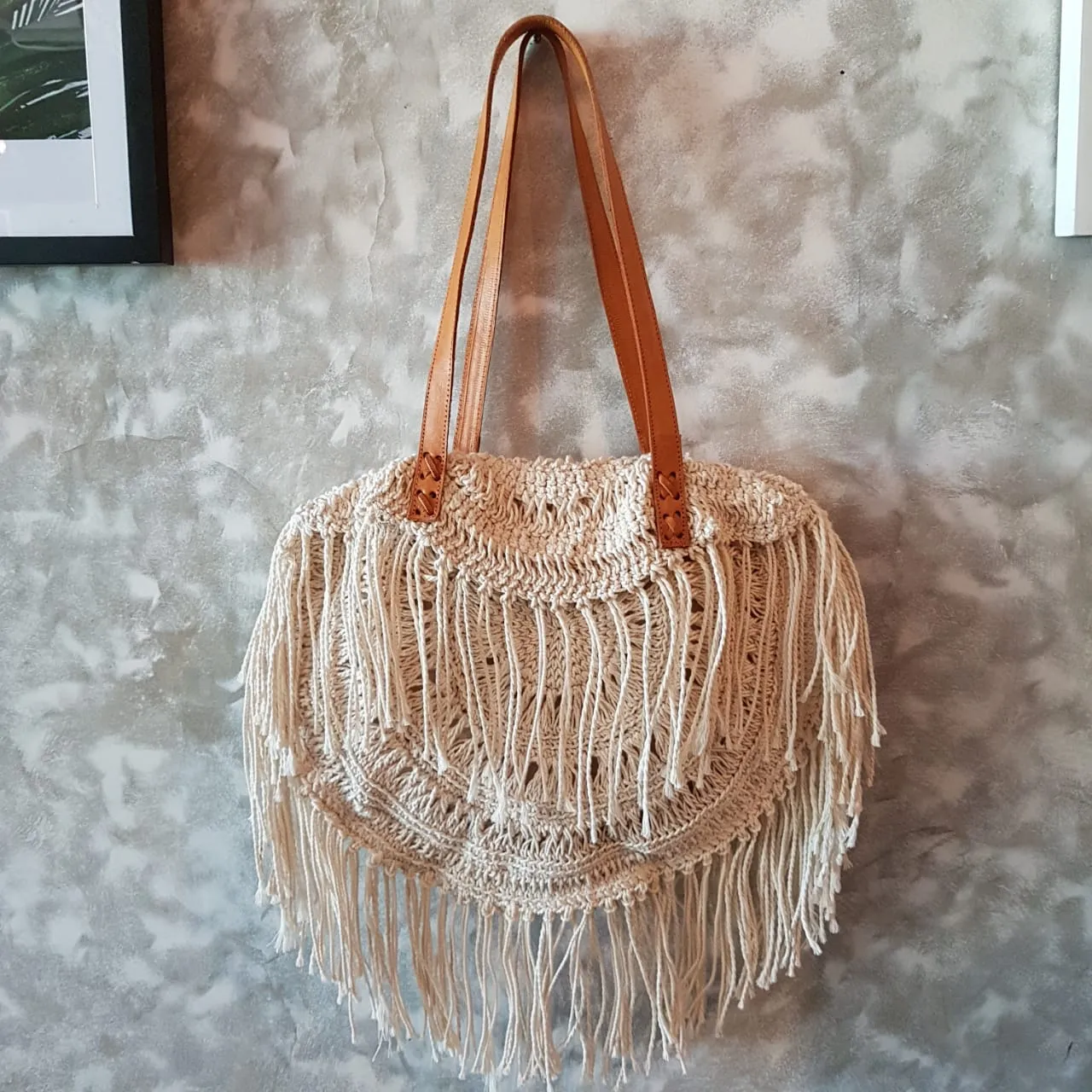 Natural Woven Cotton Macrame Hand Bag With Leather Straps