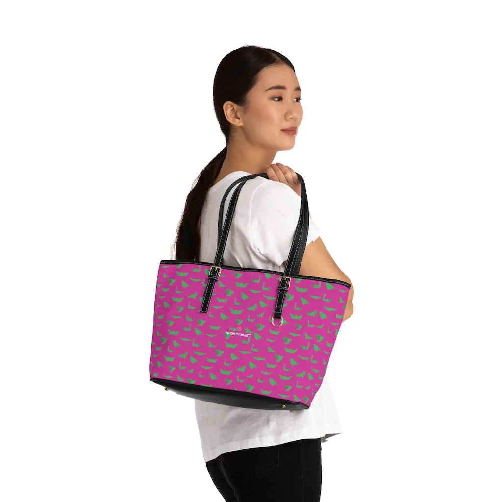 Pink Green Crane Tote Bag, Japanese Style Best PU Leather Shoulder Hand Work Bag 17"x11"/ 16"x10"