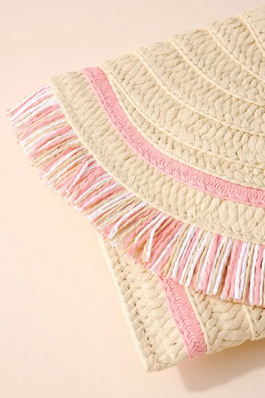 Pink Raffia Woven Fringe Clutch Bag