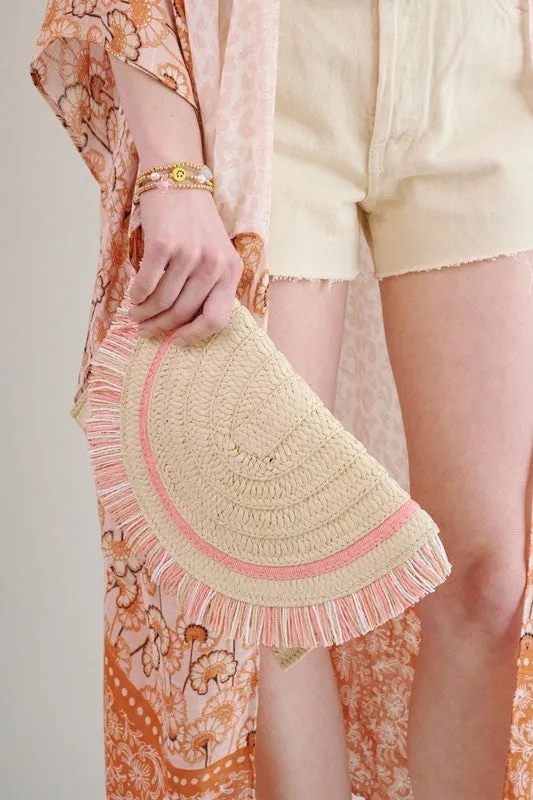 Pink Raffia Woven Fringe Clutch Bag