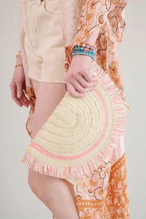 Pink Raffia Woven Fringe Clutch Bag