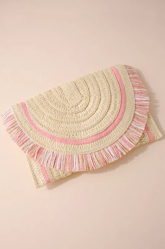 Pink Raffia Woven Fringe Clutch Bag