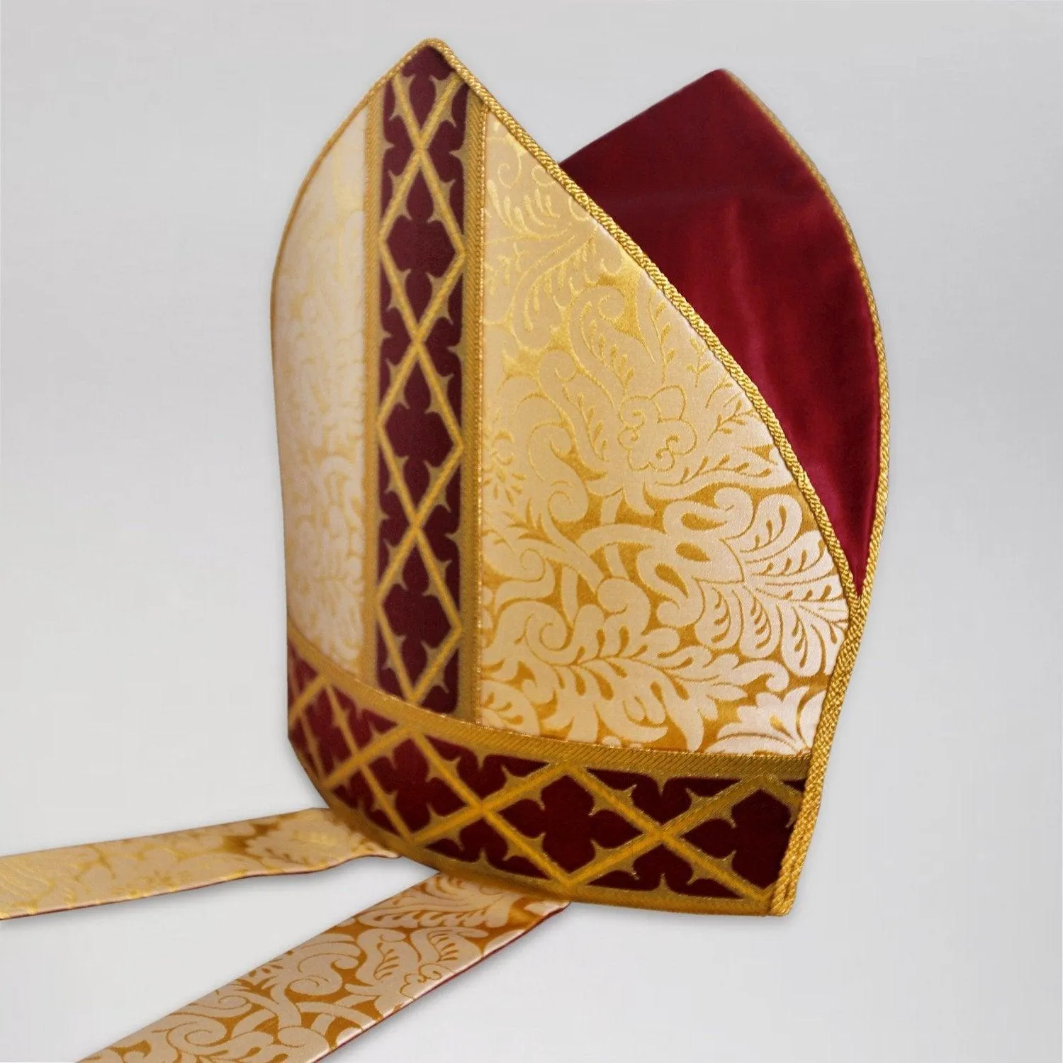 Prinknash Mitre in Cream/Gold 'Holbein' with Red/Gold 'Gothic Trellis' Orphreys