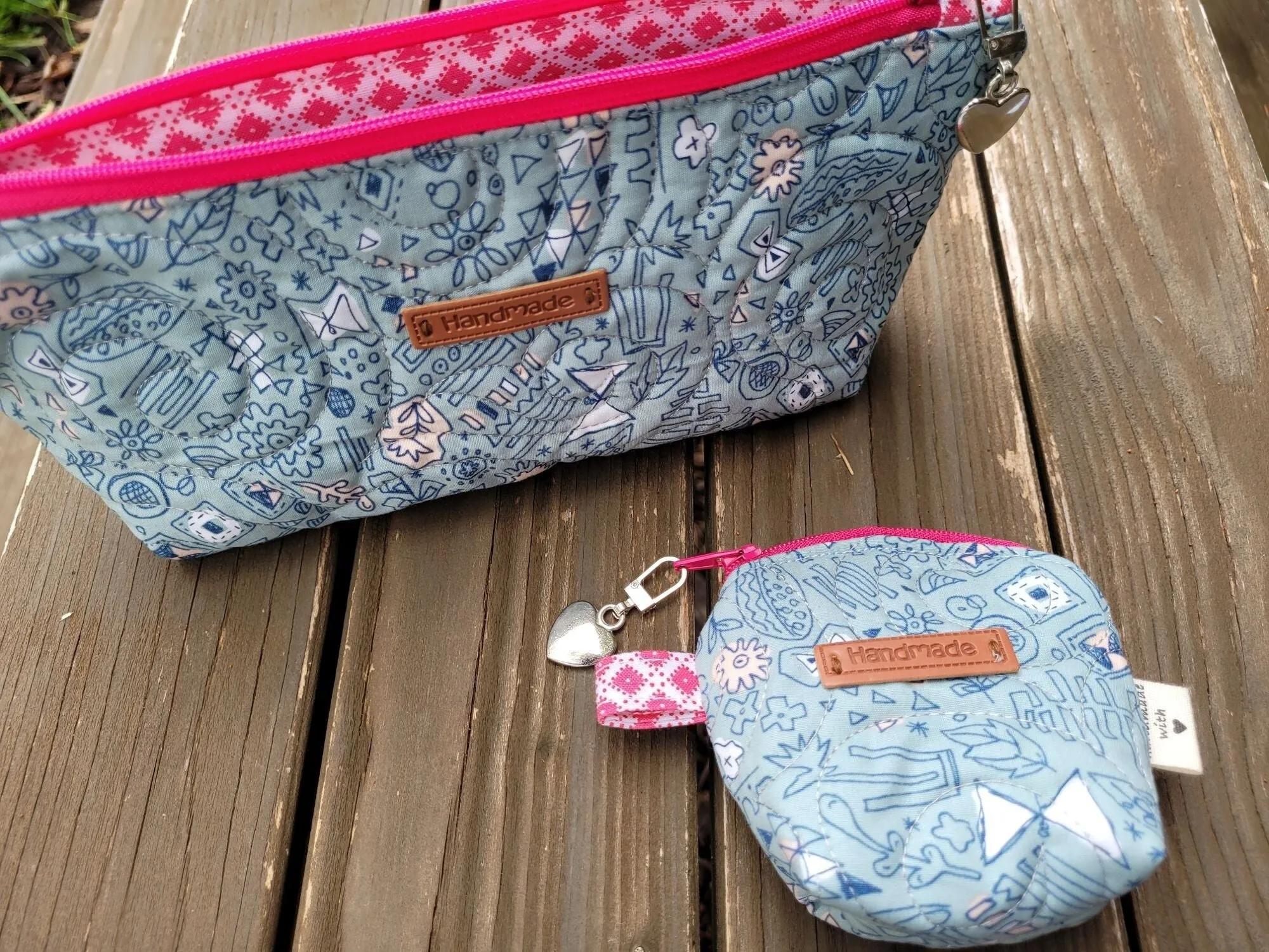 Quilted Zipper Pouch Set, Blue Doodle