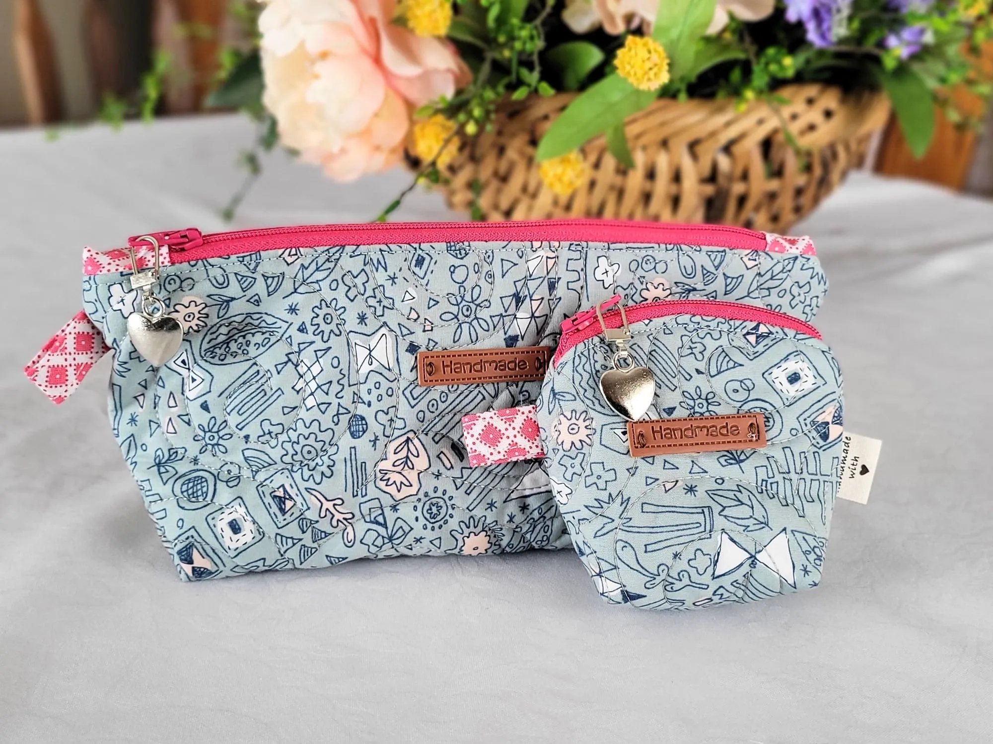 Quilted Zipper Pouch Set, Blue Doodle