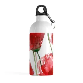 Red Poppy Flower Water Bottle, Floral Print Full Size Light Stainless Steel 14 oz. Bottle - Printed in USA