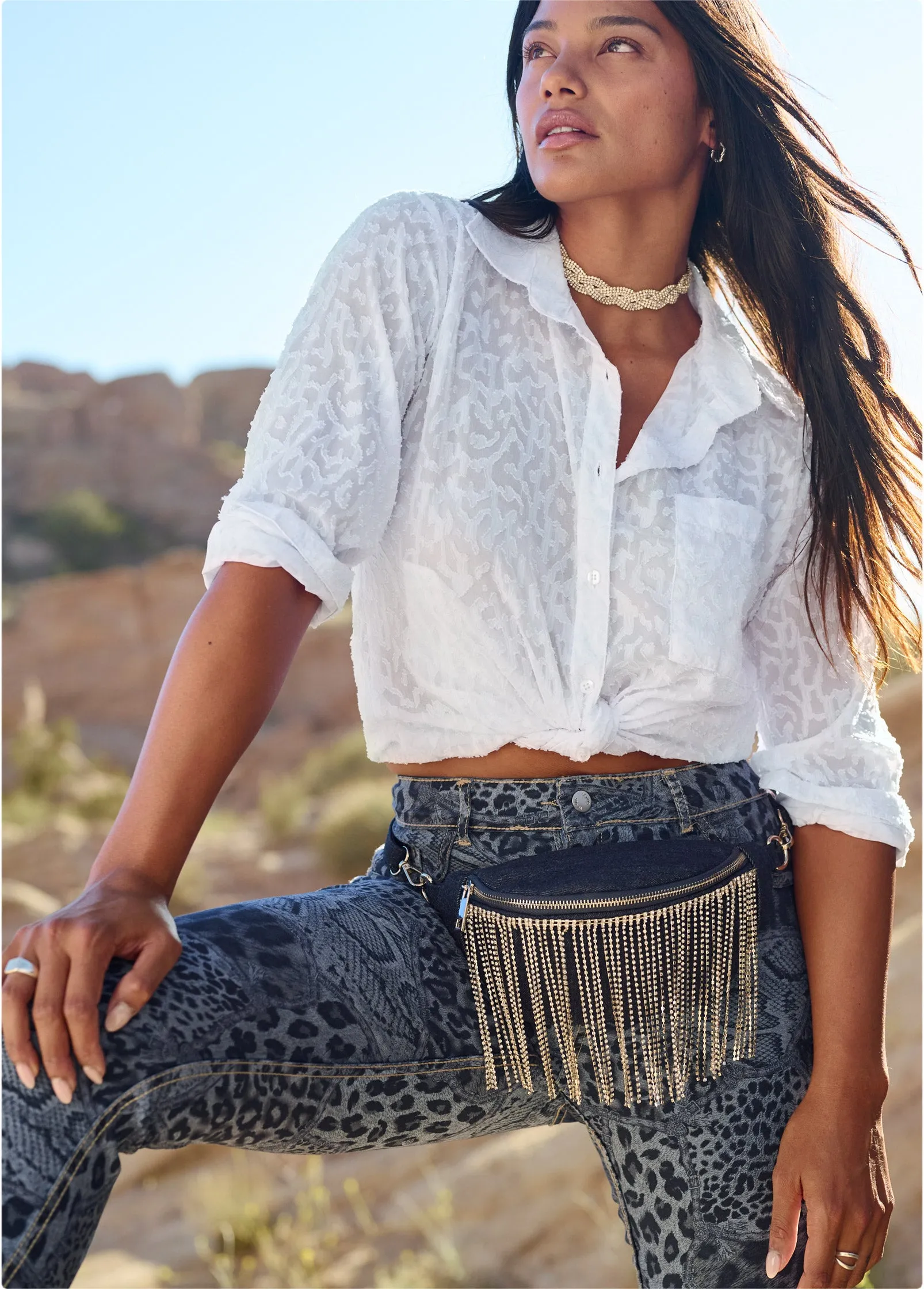 Rhinestone Fringe Fanny Pack - Denim Blue