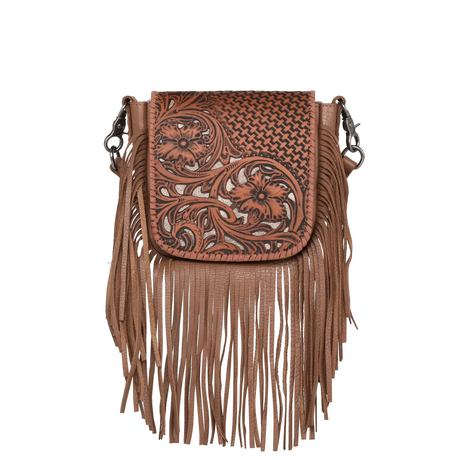 RLC-L162 Montana West Genuine Leather Tooled Collection Fringe Crossbody