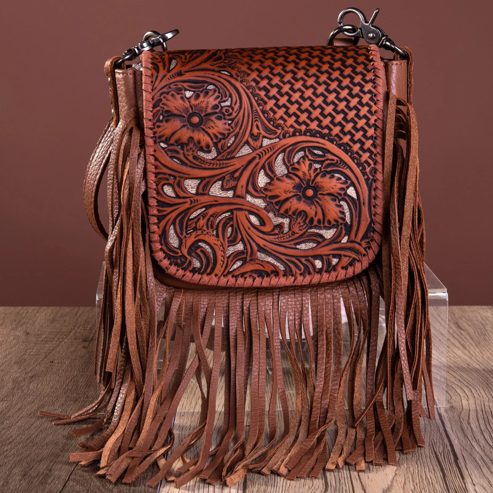 RLC-L162 Montana West Genuine Leather Tooled Collection Fringe Crossbody