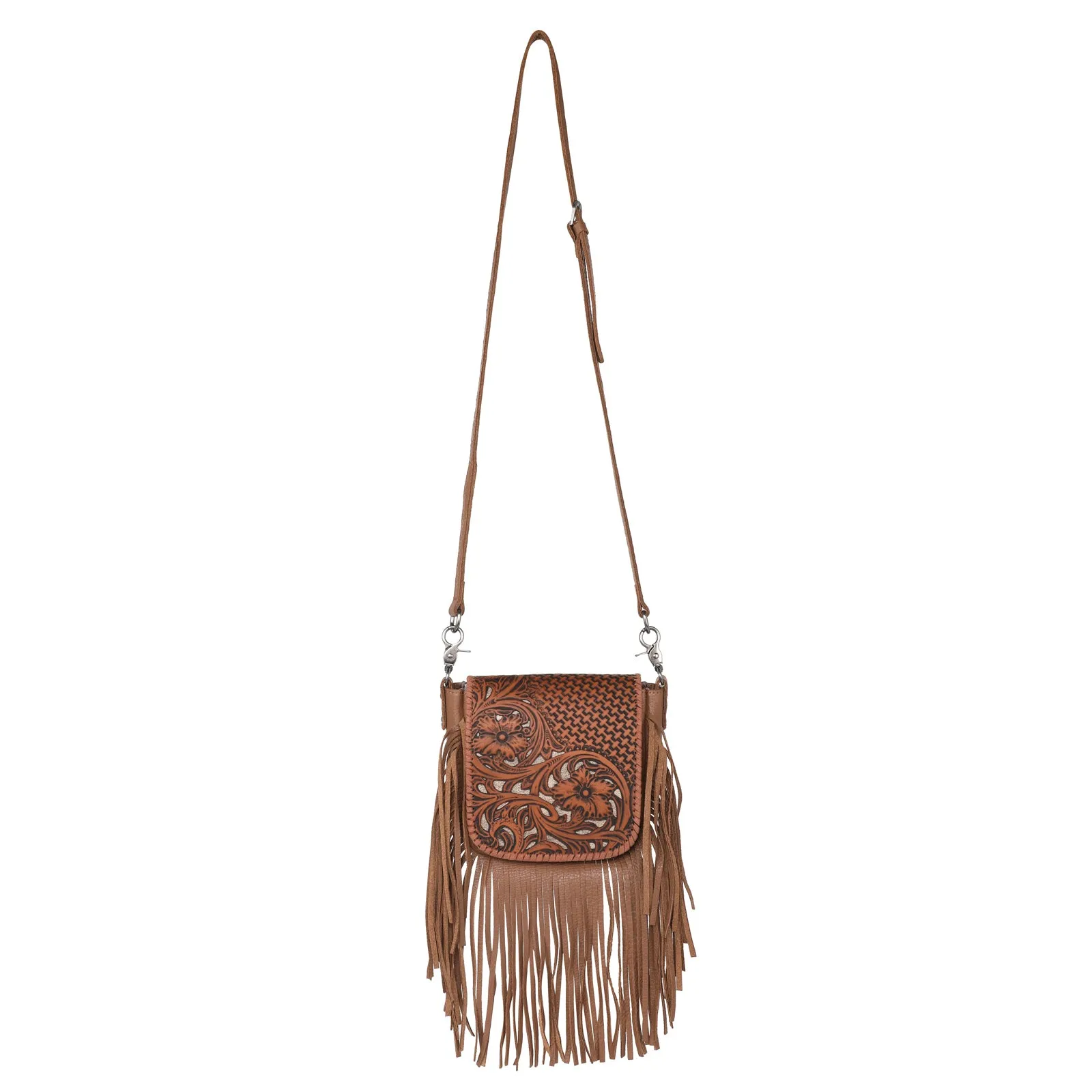 RLC-L162 Montana West Genuine Leather Tooled Collection Fringe Crossbody