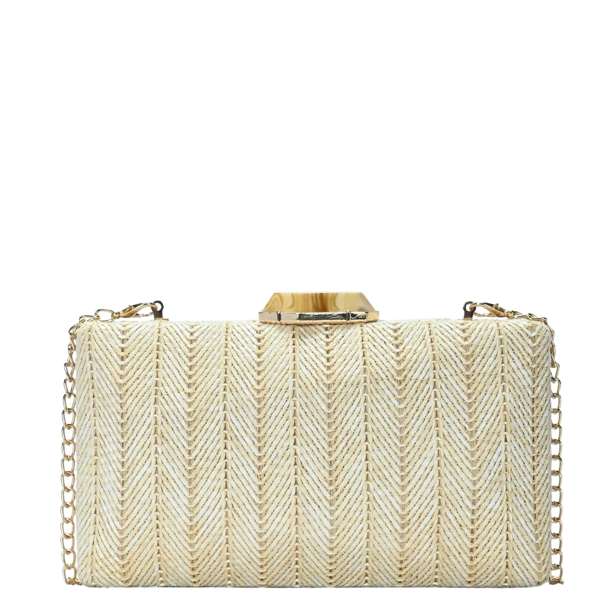 RZ6730 Rachel Zoe Gem Lock Straw Clutch With Chain