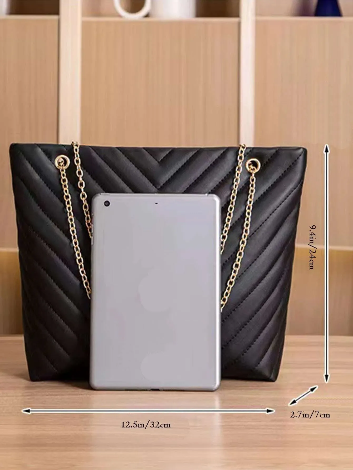 SHEIN Trendy Chain Tote Bag, Women's Large Capacity Shoulder Bag, Simple Solid Color Handbag Chevron Chain Shoulder Tote Bag