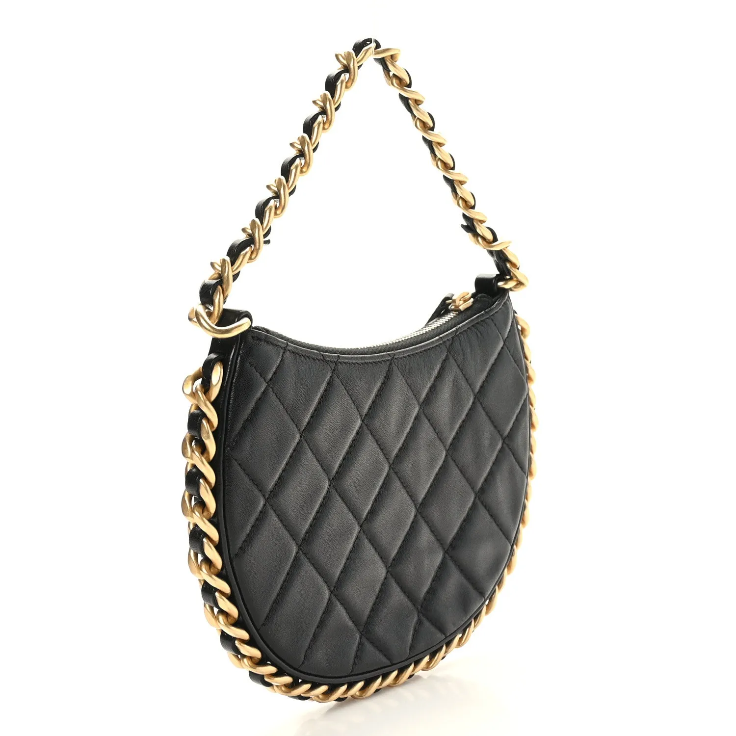 Shiny Crumbled Lambskin Quilted Round Small CC Hobo Black