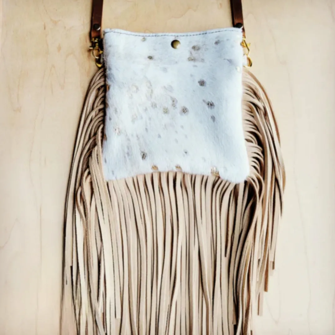 Small Crossbody Handbag w/ Cream Metallic Leather Full Fringe