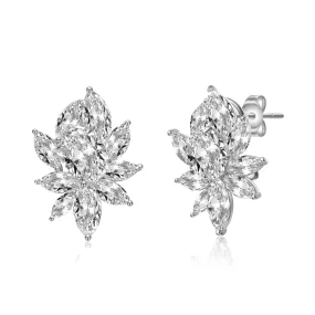 Sterling Silver Rhodium Plated Cubic Zirconia Corsage Flower Cluster Stud Earrings