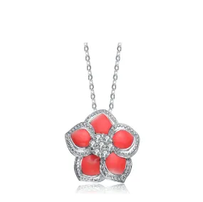 Sterling Silver White Cubic Zirconia Red Flower Pendant