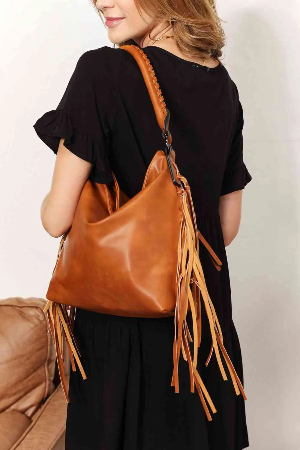 Synthetic Leather Fringe Detail Shoulder Bag