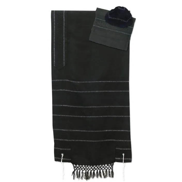 Tallit Set - Hand Woven Wool & Fringes Black