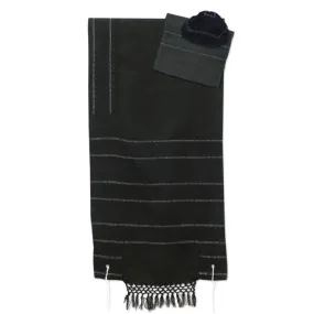 Tallit Set - Hand Woven Wool & Fringes Black