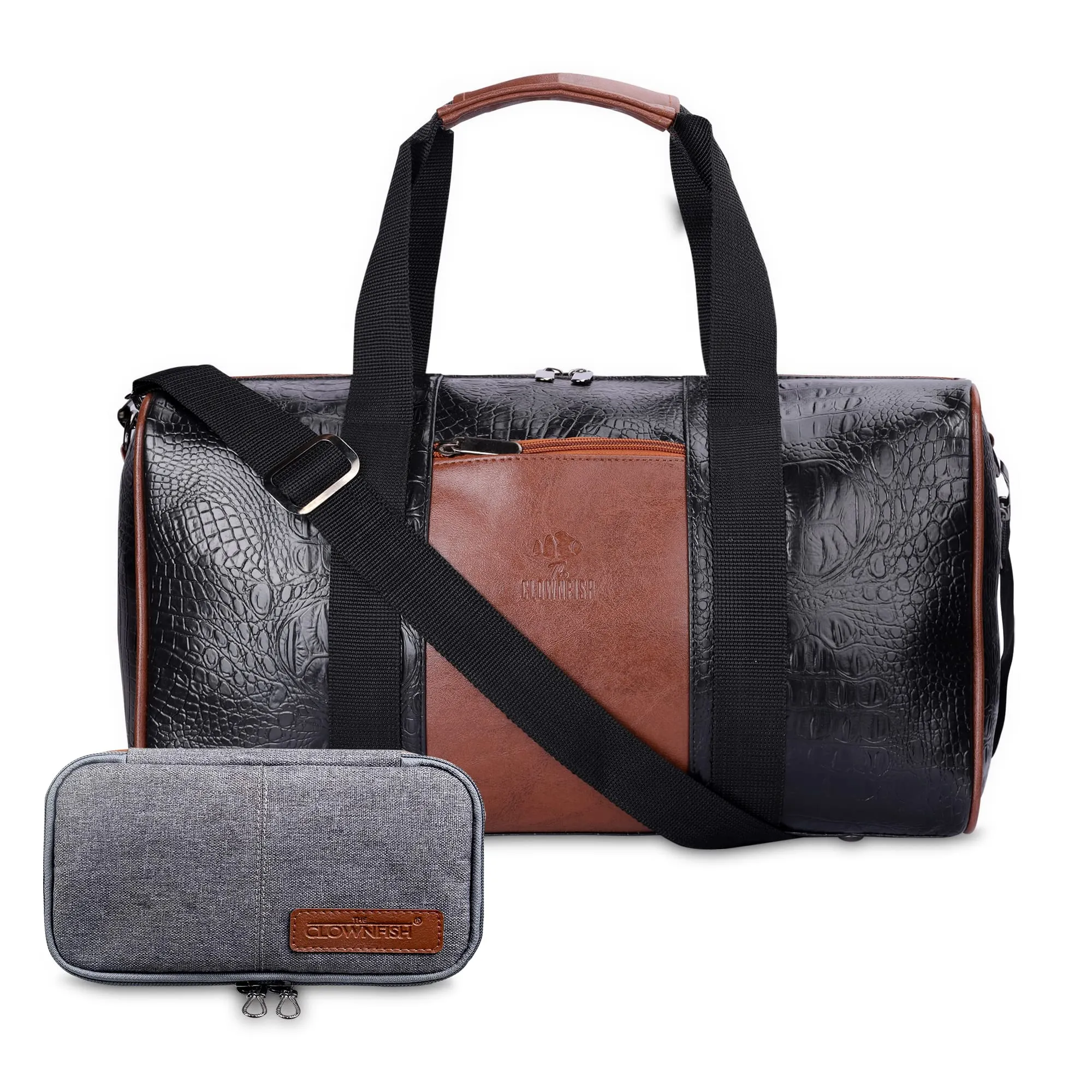 The Clownfish Combo of Anderson 25 litres Unisex Faux Leather Travel Duffle Bag (Black) & The Clownfish Travel Pouch Toiletry Bag Shaving Kit Bag for Men Travel Kit for Women (Grey)