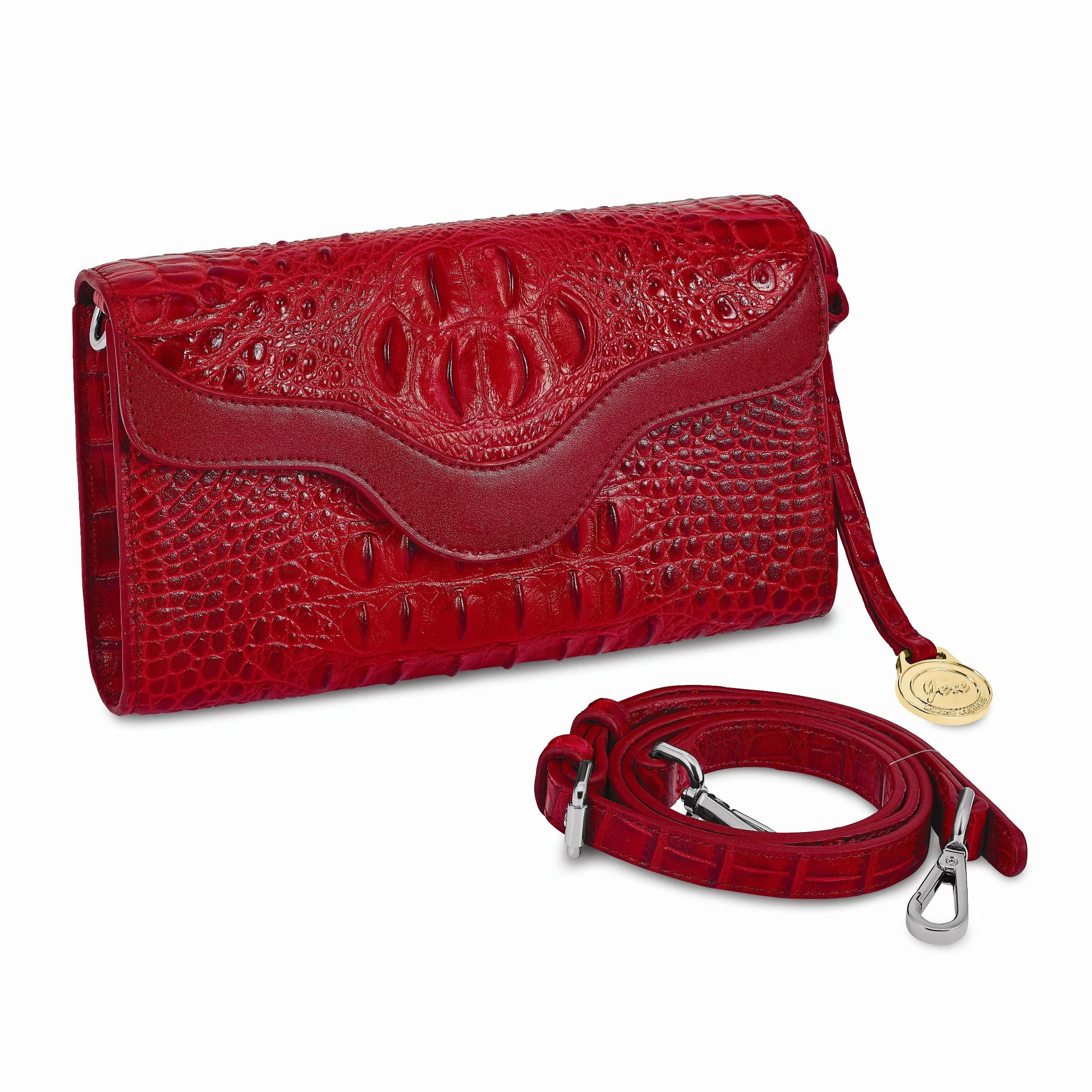 Top Grain Leather Croc Texture Red Clutch Crossbody Bag