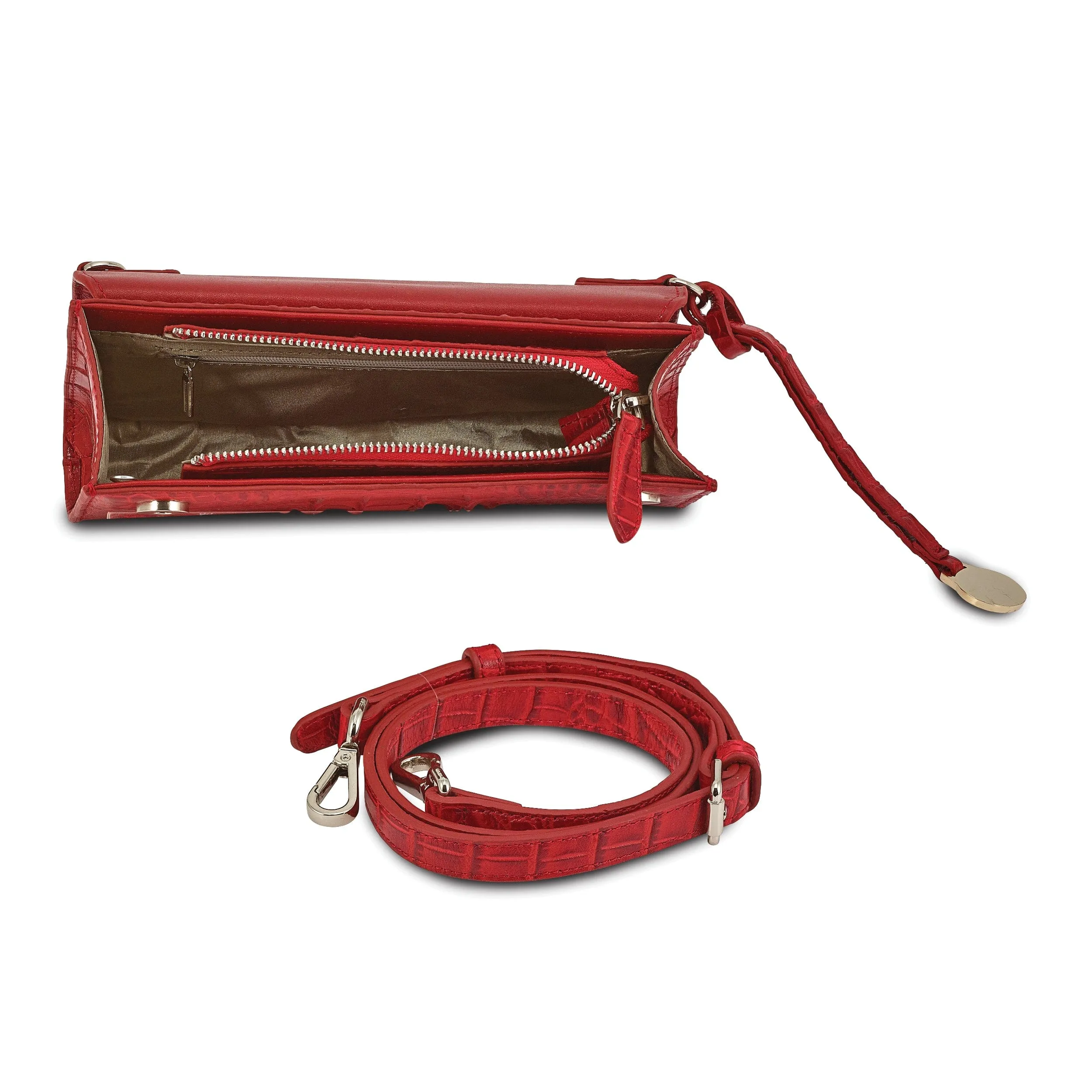 Top Grain Leather Croc Texture Red Clutch Crossbody Bag