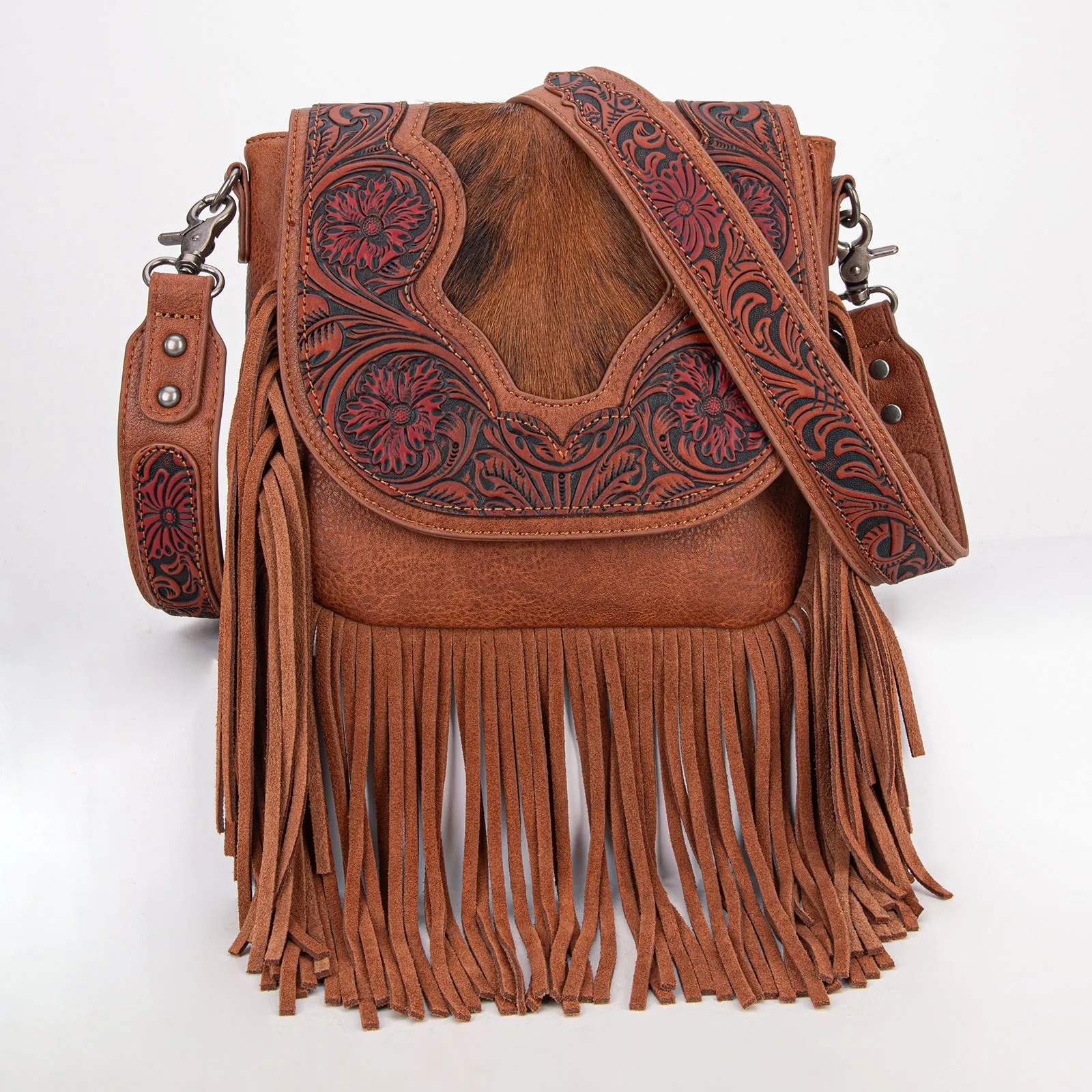 TR187-8360  Trinity Ranch Genuine Hair-On Cowhide Tooled Fringe  Crossbody Bag-Brown