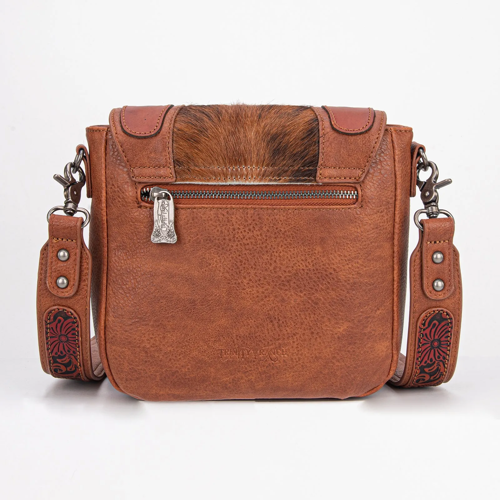 TR187-8360  Trinity Ranch Genuine Hair-On Cowhide Tooled Fringe  Crossbody Bag-Brown