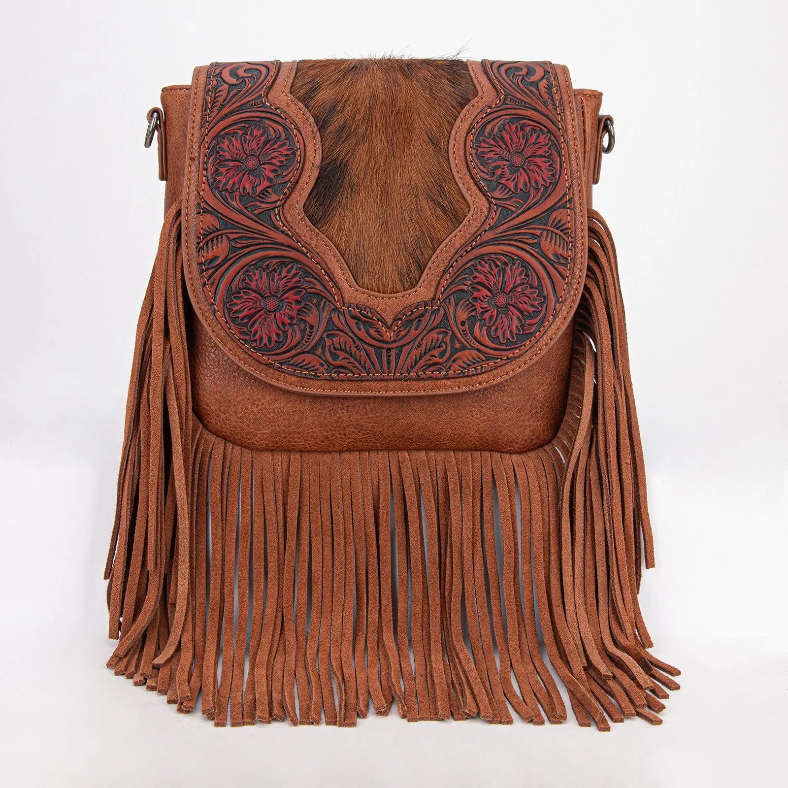 TR187-8360  Trinity Ranch Genuine Hair-On Cowhide Tooled Fringe  Crossbody Bag-Brown